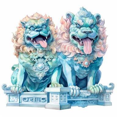 a fine art detailed water color painting of male and female chinese temple foo dogs facing each, on a white background as sticker, Clipart