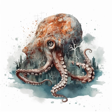 concrete illustration of a double exposure hybrid squid octopus & coral reef drawn with stones, clipart