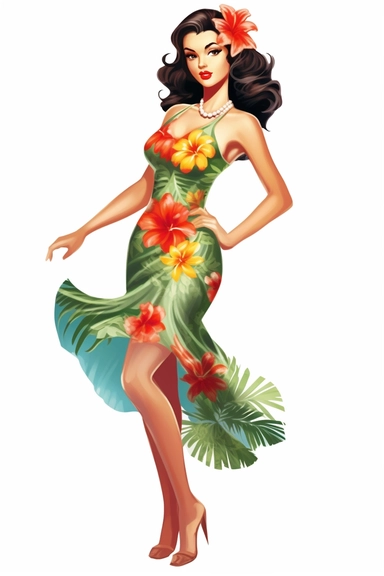 hawaiian woman on beach, retro cartoon, drawing clipart, Tropical Sublimation, Coconut Girl, Hibiscus, white background