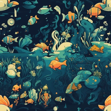 A captivating pattern for a children's t-shirt design featuring a lively underwater scene. Playful fishes in various shapes and patterns dart through a forest of swaying aquatic plants, while an adventurous diver explores the hidden wonders beneath the waves. The design, created as an enchanting clipart illustration, combines vibrant colors and intricate details, bringing the magic of the underwater world to life on children's t-shirts, igniting their imagination and fostering a connection with 