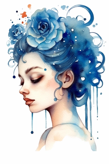 a cute cartoon pretty young Girl with a high blue colored bun and roses sparkling around her profile, long curly hair with mini flowers in head, portrait, daydreaming expression in watercolor form, sarah kay and holly hobbies, clipart, watercolor, smiling, on a white background, daydreaming expression in watercolor form