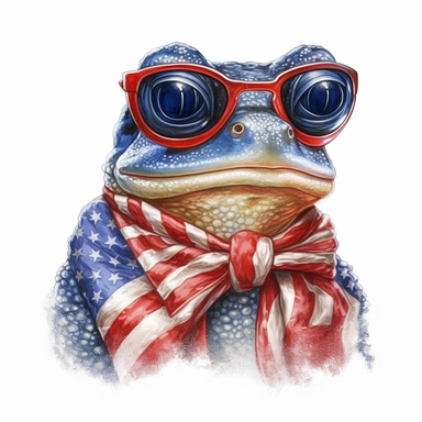Poison dart frog, wears American flag scarf and sunglasses, closeups shot, low angle, watercolor style, hyper-realistic animal illustrations, 2d game art, quadratura, clipart, on white background,