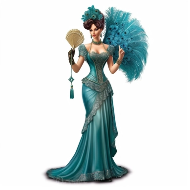solitary Victorian woman in a stunning teal satin gown, featuring intricate pleating and delicate lace accents. Accompanied by a Victorian-inspired turquoise choker necklace, a feathered fan, and lace gloves, she stands with confidence and grace, her magnetic gaze holding a captivating charm. Every aspect of her Victorian attire, from head to toe, is depicted with hyper-realistic detail and cinematic smoothness, evoking the timeless beauty of Victorian style. Clipart, watercolor, white backgroun