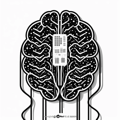 clipart of an electronic brain which is full of circuits, cables. Has a remote control with buttons and levers. Beautiful, surreal, abstract, flat, manga style, black and white, round image borders