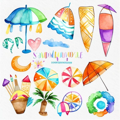 Please create a series of watercolor clipart illustrations featuring different items related to summer. Each illustration should be drawn in a charming and playful style that captures the beauty and vibrancy of the season. Items to include can be beach umbrellas, flip flops, sunglasses, ice cream cones, sandcastles, and seashells. Please use a coherent color palette that is bright, cheerful, and evokes the feeling of warmth and sunshine. Colors that are associated with summer, such as yellows, o