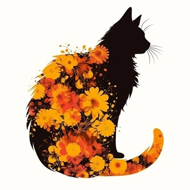 shaggy cartoon style cat, bright colored boho style flowers, silhouette vector flat simple identification symbol white backround white background minimalistic clipart png svg