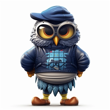 please create pixar style character clipart of an owl dressed like a rapper, back view with arms flexing