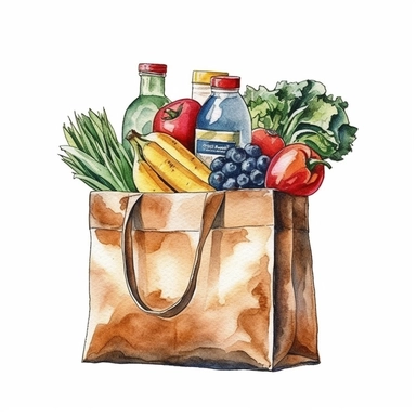 watercolor detailed illustration of Grocery bag with a variety of groceries peeking out, clipart, white background