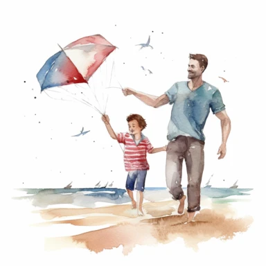 fathers day, water colour clipart, father and son, fly kite in beach, white background