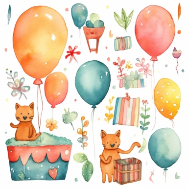 Craft a collection of childlike watercolor clipart birthday motifs that exude a sense of innocence and joy. Embrace a soft and dreamy style, reminiscent of artists like Mary Blair and Shirley Hughes, to evoke a nostalgic feeling. Incorporate charming elements like colorful balloons, confetti, cupcakes, and smiling animals, all portrayed with a gentle and hand-painted aesthetic. Let the colors be bright and lively, reflecting the exuberance of a child's birthday celebration