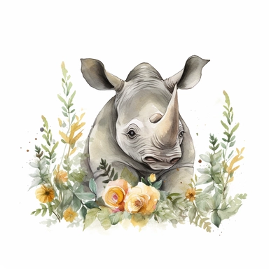 a whimsical watercolor clipart image with a white background and earthy colors, featuring a cute rhinoceros grazing peacefully in a grassy savannah, its horn adorned with colorful flowers. The ultra-detailed, hand-drawn elements capture the gentle and resilient nature of the rhinoceros. Use shades of gray, brown, and green to create a visually captivating and serene image that conveys the beauty and strength of the rhinoceros in its natural habitat.