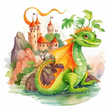 A devil color fantasy dragon , scale , near a castle , bamboo tree , Perfect for nursery art and children's book illustration style, simple, cute, full color, clipart, watercolor illustration, single object, white background for removing background