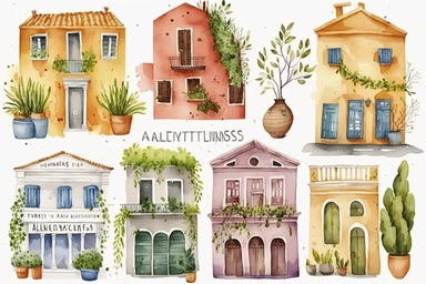Very cute and Whimsical antique houses of Athens, ancient Greece, Parhenon, colorful, Watercolor, clip art, white background,