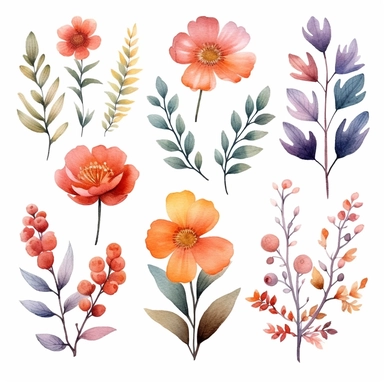 atercolor, handpainted floral clipart, transparent background, 6 elements evenly spaced out by 1 inches