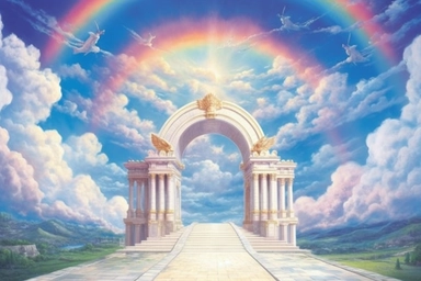 Imagine a watercolor painting of a long rainbow bridge stretching towards the gates of heaven. The doors to heaven are opening, revealing a colorful and vibrant sky filled with fluffy, white clouds and beautiful angels. This image is in high definition and would make a stunning piece of clipart, on white background