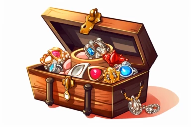 a bunch of jewelry in an open jewelry box, clipart, vector illustration, HD,