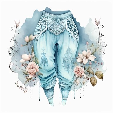 clipart, light blue watercolours. gothic arabian fabtasy style. surrounded by flowers. In this image, we see a pair of Hammer Pants. The pants are a loose-fitting style with a distinctive shape, tapering at the ankle and ballooning out around the hips and thighs. The Hammer Pants are made of a lightweight and breathable fabric, making them perfect for warm weather or for movement-based activities. The loose fit of the pants allows for a full range of motion, making them ideal for activities like