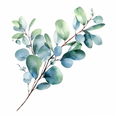 a watercolor eucalyptus branch, in the style of corner border art, clipart, green with light blue accents, white background