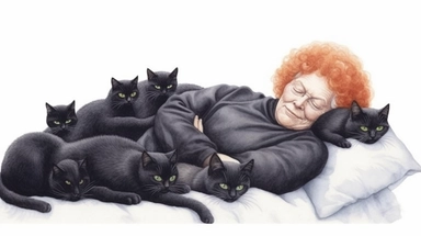 illustration clipart of elder woman ,redhaired,laying in her bed relaxing, black Cats lying next to her, hyperrealistic, white background