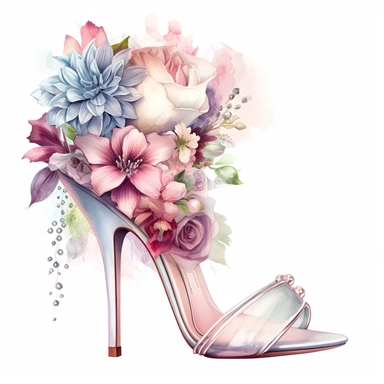 watercolor clipart of high heels with a blend of ivory, white and pink, decorated with bridal flowers and jewels, colored pencil drawing, good composition, vector, contour, isolated white background, 16k