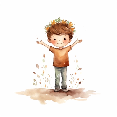 Love in you, boy, dancing, full body, happy face, brown hair, flower on head, beautiful thoughts, clear white background, self love, self confidence, watercolor, simply drawn for children book, handrawn watercolor graphic clipart, 16k