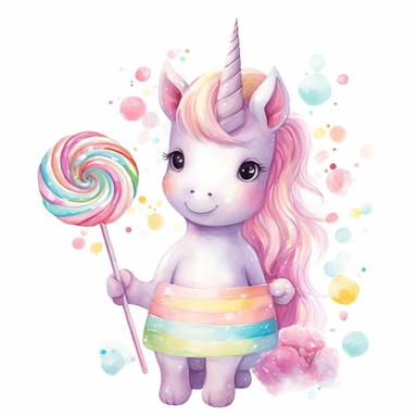 A professional digital art illustration hand painted style of cute baby unicorn clipart, long, pastel color mane and tail, magic candy color magic uinorn watercolor graphics, party candy supplies collection on white background
