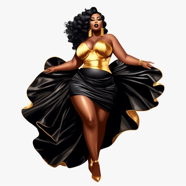 ??????socialite black woman bods, plus size, long massive braids, full glam, fashion icon, dripping gold rush, talented and good vibes, dressy pant and couture frilly flow top, clipart, white background
