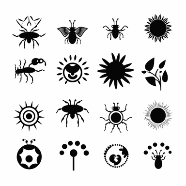 black vector icons of different spring designs , ladybugs, flowers, sun, on a white background, hd vector, clipart, cartoon style, minimalistic simple , 4k