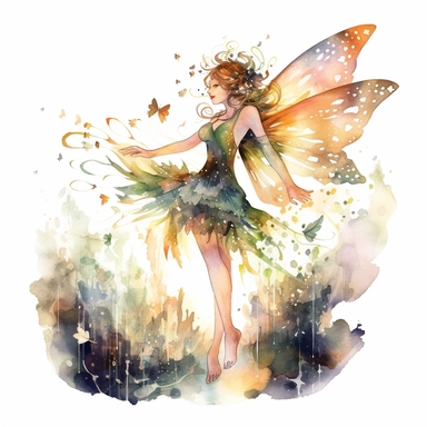 Clipart, watercolor, white background: A forest fairy with wings patterned like butterfly wings, surrounded by glowing fireflies and basking in the glow of moonlight.