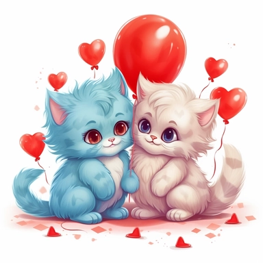 two cute Persian kittens boy and girl kissing and hugging in love and a lots of red hearts baloons aroud them clipart
