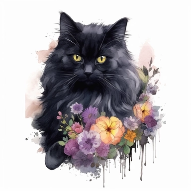 fluffy long haired persian black cat with flowers, dark watercolor clipart , ultrarealistic, very detailed, finished corners, finished edges, no excess sprinkles