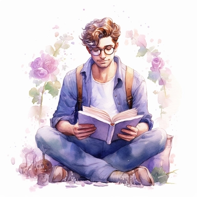 cute young man with glasses rading a book , lavender poet , watercolor, clipart, cute girl, journaling , library, white background