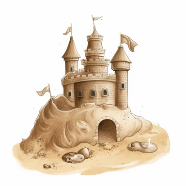 One cute two sand castles, outlined 10 cm thick, black, no shadows on the ground, whimsical illustrations, realistic watercolors, detailed illustrations cartoon full body, clipart PNG, transparent white background