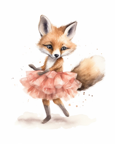 cute baby fox dressed up as a ballerina, twirling on her tippy toes in a tutu, watercolor clipart, hd, isolated on white background, spaced out