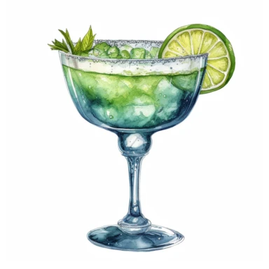 hand drawn frozen margarita in a jumbo glass, glamorous, very detailed and realistic, watercolor, white background with margins, clipart style