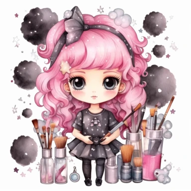 Watercolor funny create kawaii marbled black, silver, pink chibi with school supplies clipart, isolated