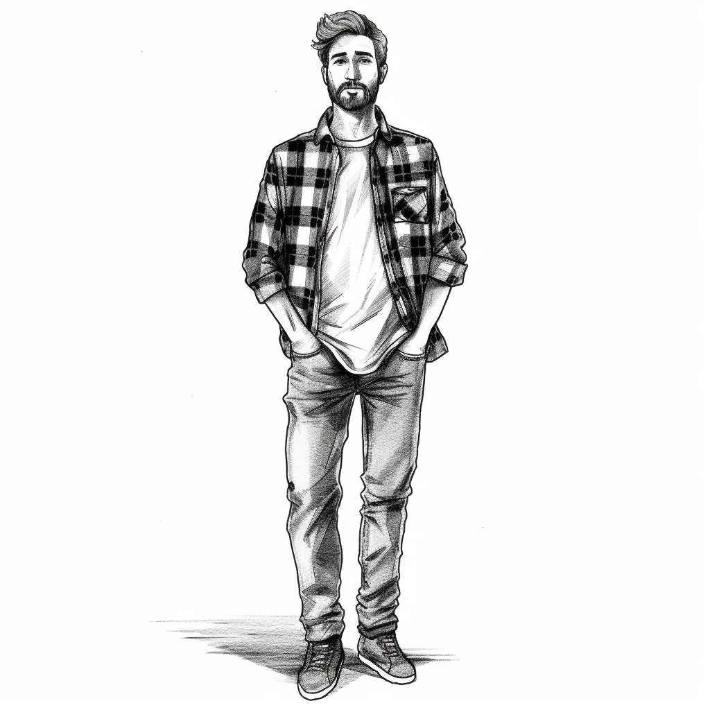 Man in flannel shirt and jeans, black line drawing, Clipart - Clip Art ...