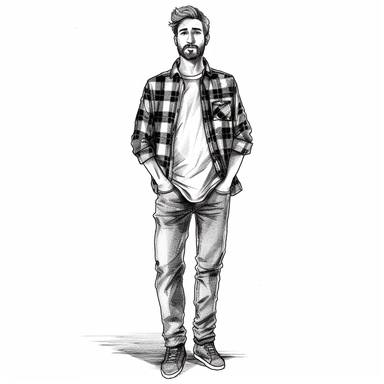 Man in flannel shirt and jeans, black line drawing, Clipart