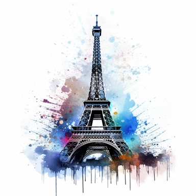 realistic and detailed eiffel tower with splash of dark watercolour in the background clipart on a white background