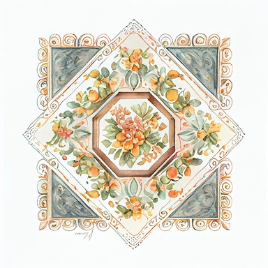 Vintage carpet top view, cottage style, watercolor clipart on white background