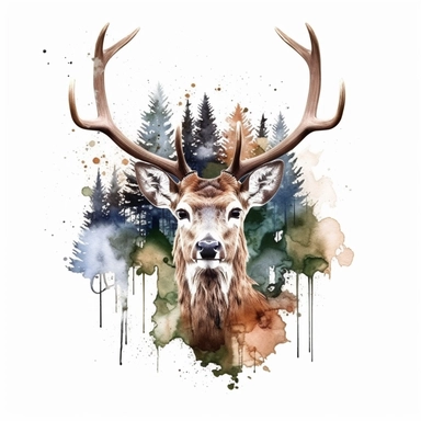 double exposure, deer head and forest,watercolor,white background,clipart