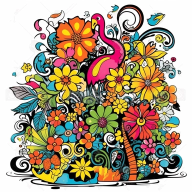 floral, no watermarks, whacky vignette, vector retro summer clipart, bright colors, happy feeling, white background, smiley, flamingo, palm tree, wave, flower, thick black contour lines , cartooney, in the style of ed roth