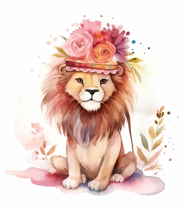 cute lion isolated clipart on white, in the style of whimsical watercolors, colorful costumes, light pink and dark brown, carnivalcore, kushan empire, animated gifs, extravagant table settings