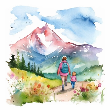 Mom and Me Watercolor, Clipart, High Res, Mother's Day, Mother's Love, waterpaint, fresh colors, happy, white backgroundm, simplified Art NouDepict, a mountain landscape with a mother and child or family members hiking or enjoying a picnic in the foreground., front to camera, JMW Turner style