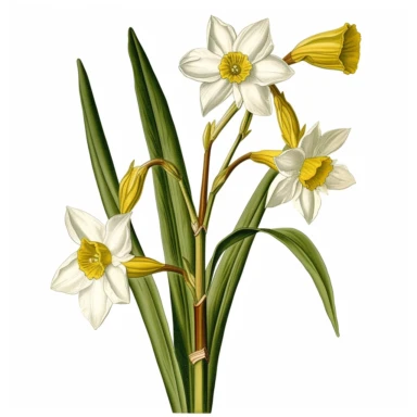 botanical clipart, jonquil stem leaves, isolated on white background, Margaret Mee, Pierre-Joseph Redouté, Sydney Parkinson, 8k