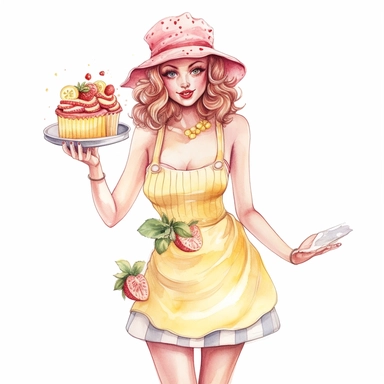 Hand drawn pin up woman, wearing a yellow bakers hat, pink and white striped apron, holding lemonade cake with lemons, with strawberries and blossoms, glamorous, half body, very detailed and realistic, watercolor, white background with margins, clipart style