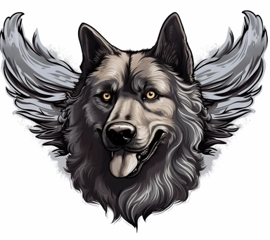 Flying Caucasian dog logo design, vector clip art illustration free download, grim realism style, Fang Lijun, cartoon realism, silver gray, uhd image, murals and murals, engraving
