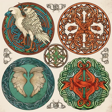 Generate a collection of lifelike clipart images featuring Celtic mythology and folklore symbols. Use a digital medium to create detailed illustrations that capture the essence of these ancient legends. Incorporate iconic symbols such as the Celtic knot, triskele, and Claddagh ring, paying attention to intricate patterns and precise linework. Utilize a vibrant color palette inspired by nature and Celtic artistry to bring these symbols to life