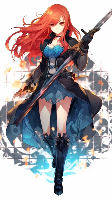 an anime character with red hair and blue flames, transparent background png clipart,anime,a city,a person with red hair and black clothes holding a sword in her hand,friends