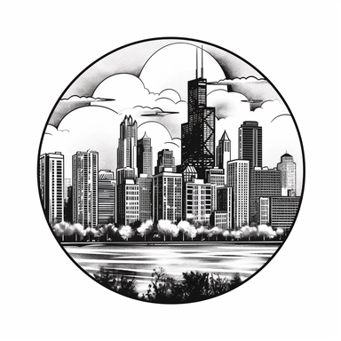 very simple black and white image of chicago cityscape logo vector, clipart, no clouds, no fog, no reflection, no water, vector, white background, black and white, buildings only , no gray colour